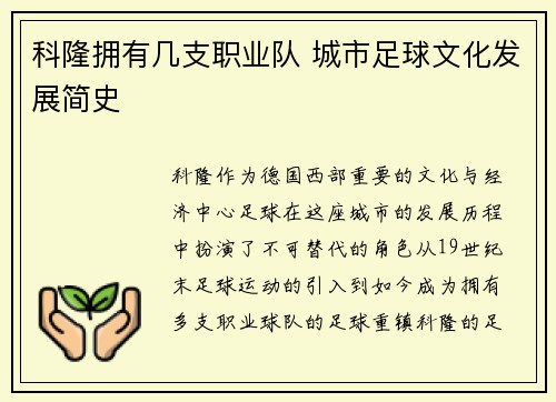 科隆拥有几支职业队 城市足球文化发展简史