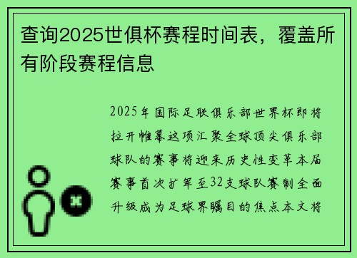 查询2025世俱杯赛程时间表，覆盖所有阶段赛程信息