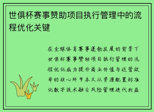 世俱杯赛事赞助项目执行管理中的流程优化关键