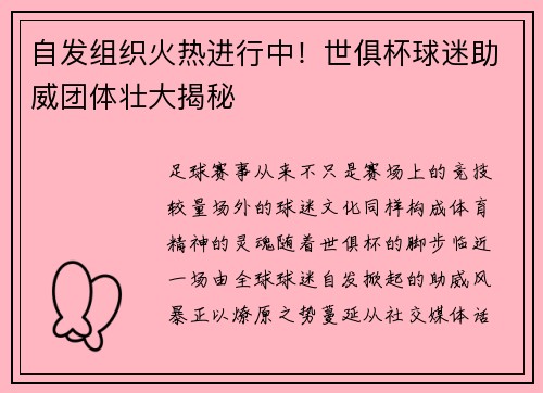 自发组织火热进行中！世俱杯球迷助威团体壮大揭秘