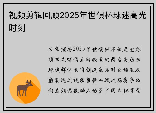 视频剪辑回顾2025年世俱杯球迷高光时刻
